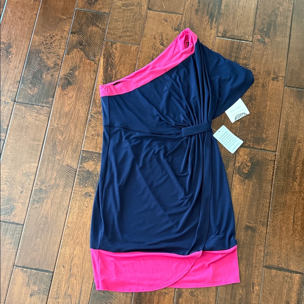 Donna Morgan Navy One-Shoulder Sheath Dress with Hot Pink Trim